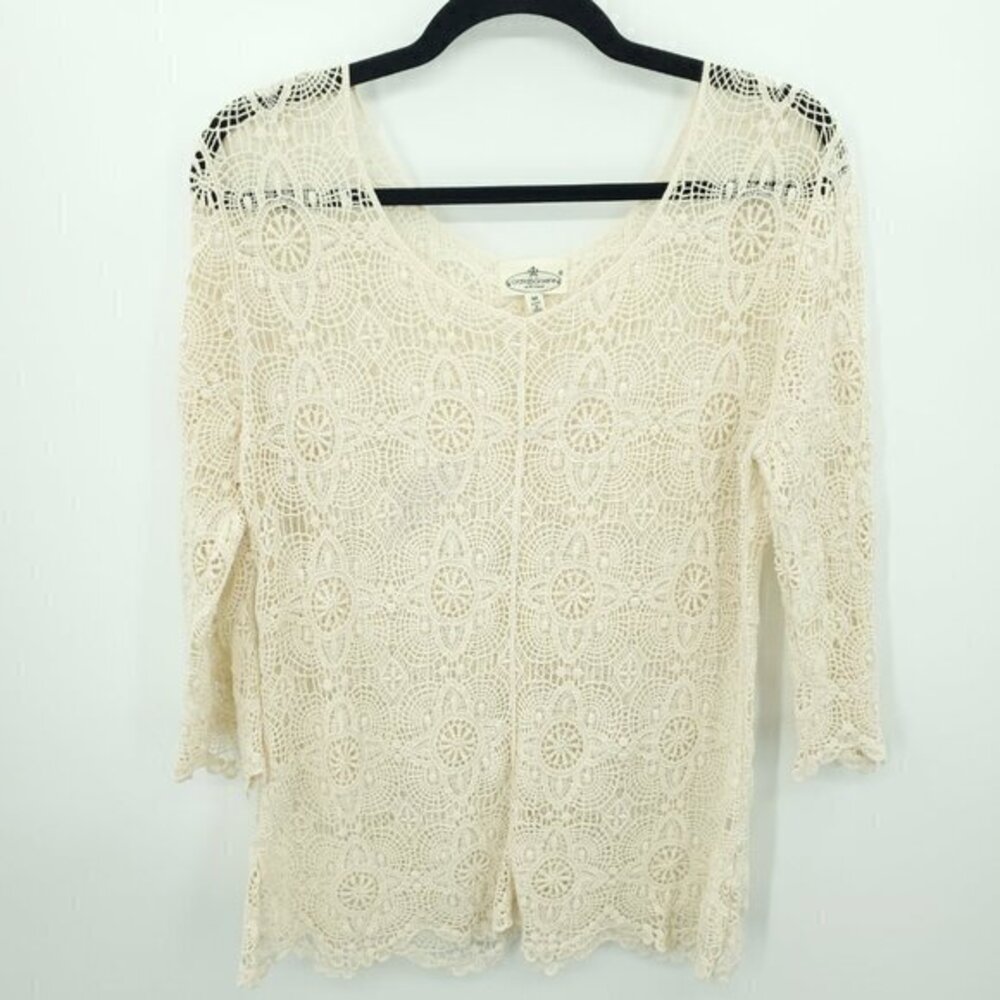 grand & greene 100% Cotton Crochet Lace 3/4 Sleeve Top M Cream/White
